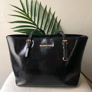 Michael Kors Black Patent Leather Jet Set Tote